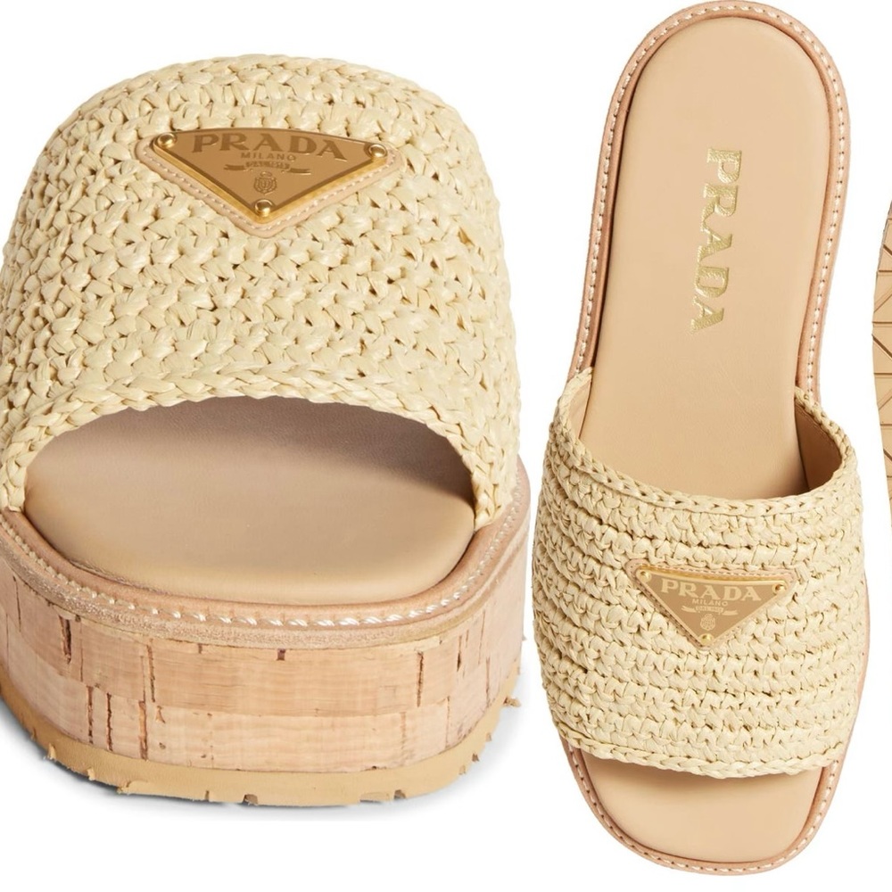 •	Prada raffia slides in cork and viscose